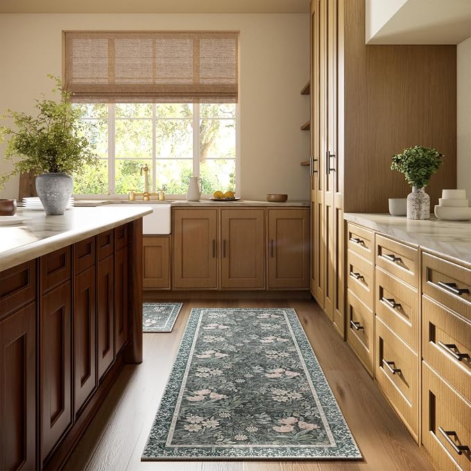Non Slip Vintage Floral with Ornate Border Hallway Runner Rug - Long Runner Rugs 2x6 Washable Kitchen Floor Mat, Laundry Room Rug, Bathroom Runner