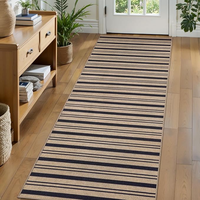 Tangsoo Stripe Easy Jute 2.6x8 Washable Runner Rug for Hallway,Non-Slip Rug | Modern Brown Stripe Thin Outdoor Rug, Farmhouse Long Carpet Runner for Porch Laundry Bedroom Living Room Entryway