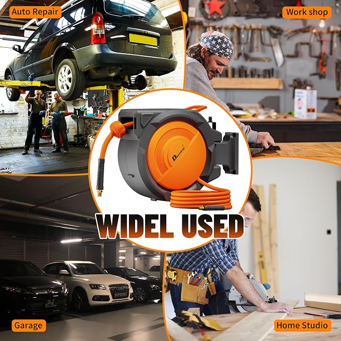 Retractable Air Hose Reel, 3/8" x 120ft Hybrid Hose, Auto Rewind Enclosed Air Compressor Hose Reel with 180° Swivel Bracket, Max 300 PSI Any Length Lock for Garage & Workshop