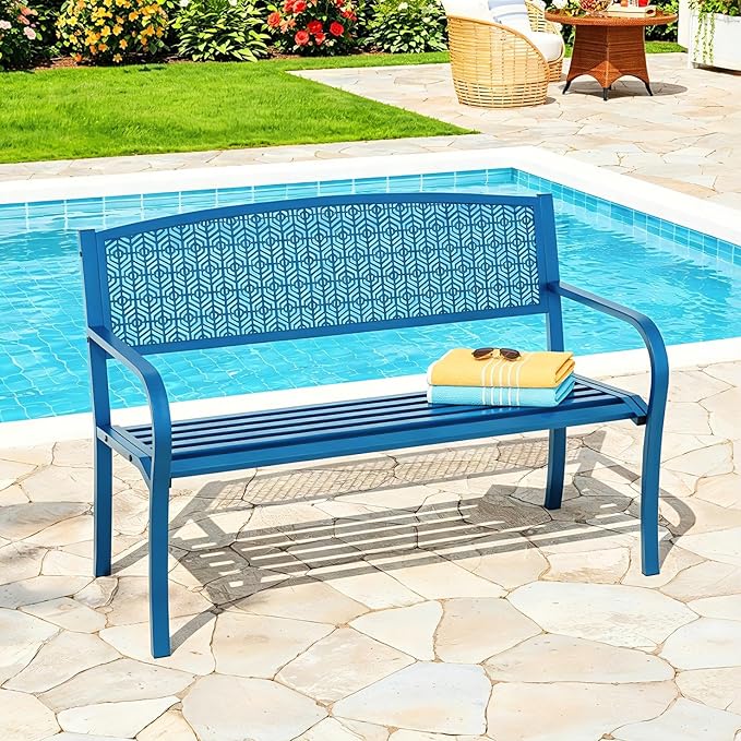 50" Outdoor Metal Garden Bench, Patio Steel Bench with Curved Backrest, Decorative Pattern, Weather-Resistant Porch Bench for Yard, Park, Deck, Backyard