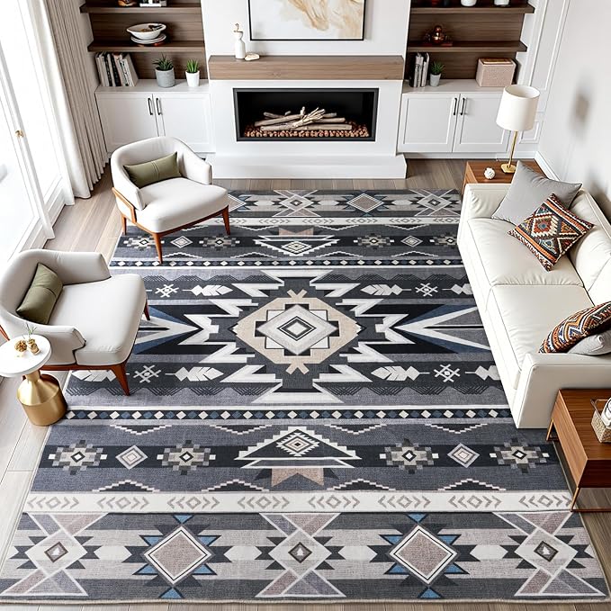 6x9 Western Rustic Aztec Area Rug for Living Room Bedroom Dining Room | Southwestern Tribal Grey Low Pile Faux Wool Rug, Machine Washable Non-Slip Carpet for Living Room Dining Bedroom
