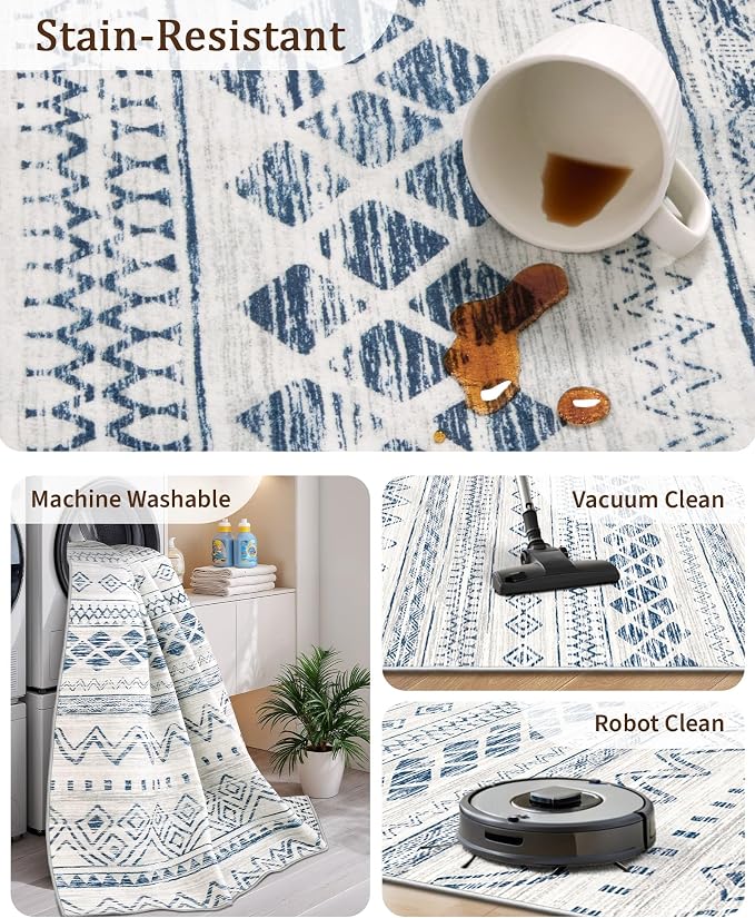 Miukiki 8x10 Area Rug for Living Room, Washable Soft Non Slip Rug Blue | Moroccan Large Indoor Rug for Kitchen Bedroom Dining Room Office, Low Pile Soft Floor Carpet Home Decor 8'x10'