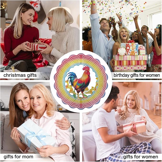 Eandisom Wind Spinners Outdoor Chicken - Birthday Gifts for Women Mom Grandma, Rooster Deocr Hanging Wind Spinner 12 inch 3D Wind Sculptures for Garden Decor for Outside, Patio, Yard, Outdoor