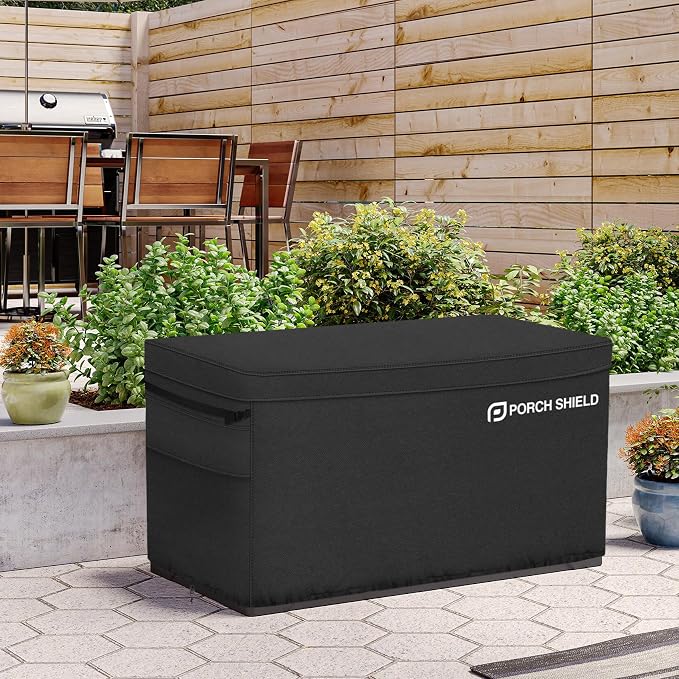 Porch Shield Patio Deck Box Storage Cover - 600D Outdoor Waterproof Tear Resistant Rectangular Fire Pit Table Cover 50 x 25 x 24 inches（Top Zipper, Black）