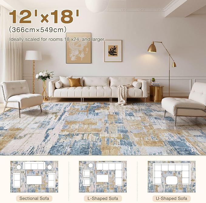 kakania Abstract 12x18 Area Rugs for Living Room: Washable Rugs Blue | Soft, Non-Slip, Low-Pile, Pet & Kid Friendly - Large Modern Home Decor Carpet for Bedroom/Dining Room/Office/Nursery