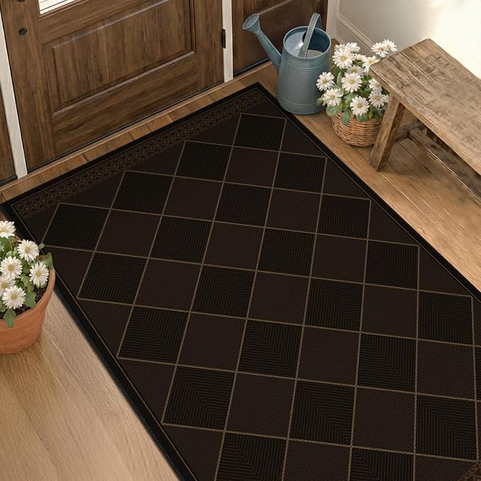 Checkered Easy Jute 3x5 for Porch Rugs Indoor Outdoor Decor, Washable Non Slip Entry Way Front Door Mat Outdoor, Farmhouse Patio Rug, Dark Brown Non Slip Daimond Carpet for Kitchen, Backyard, Laundry