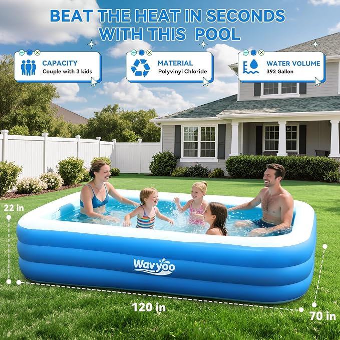 Large Inflatable Pool for Kid and Adult, 120"x70"x22" Blow Up Pool Backyard | Oversized Thickened Durable, Outdoor, Garden, Summer Water Party