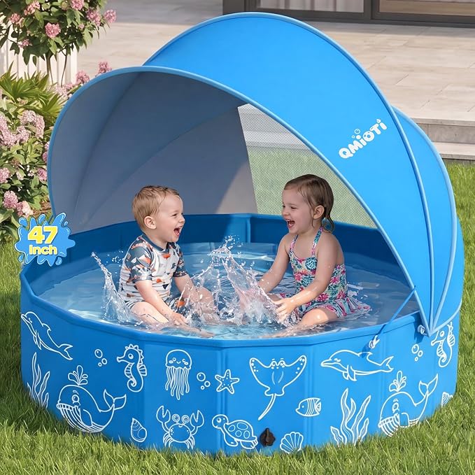 Foldable Kiddie Pool with Canopy, 47in Kids Pool with Detachable UPF 50+ Sunshade, Portable Non-Slip Swimming Pool Dog Pool for Backyard, Beach, Outdoor Summer Water Play