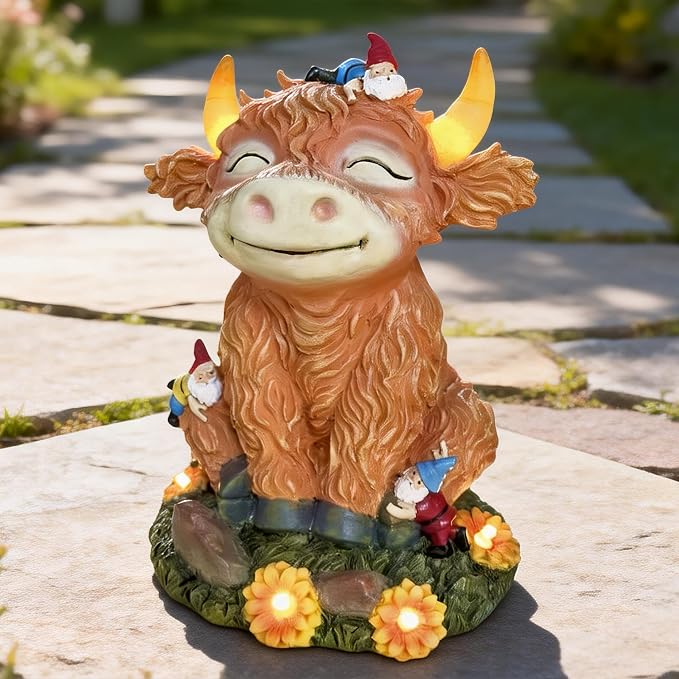 Solar Highland Cow Garden Statue with Funny Gnomes | LED Lights, Outdoor Decor, Yard Art, Gift for Mom & Grandma