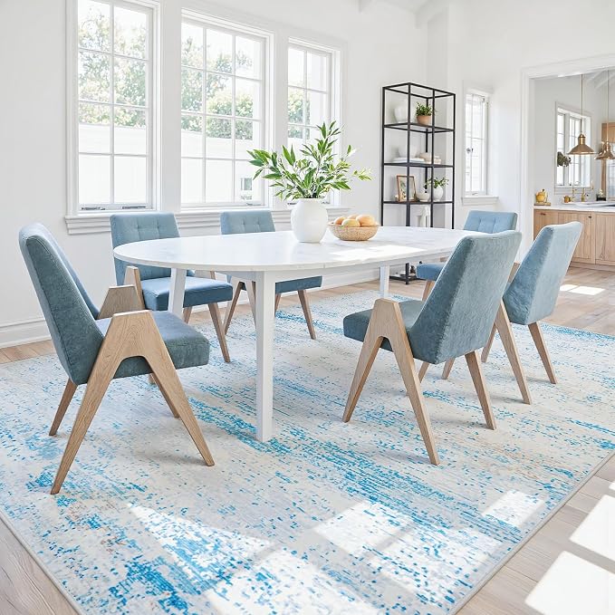 9x12 Washable Area Rug for Living Room Bedroom: Non-Slip Modern Light Blue | Machine Washable TPR Backing, Stain-Resistant Low Pile, Pet & Kid Friendly, Abstract Decor for Dining Room, Dorm, Home Office