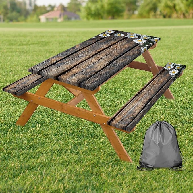 Picnic Table Cover with Bench Cover, Outdoor Patio Camping Essentials Farmhouse Daisy Table Covers with Elastic Waterproof Camping Tablecloth with Drawstring Bag, 60In 3PCS