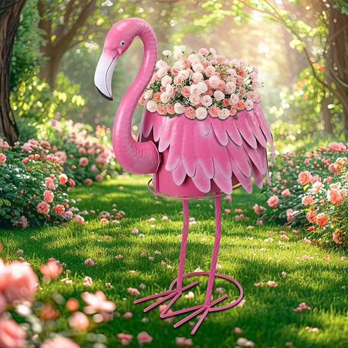 Metal Standing Flamingo Planters with Drain Hole Flamingo Flower Holder Large Planter Pots for Indoor Outdoor Lawn Garden Yard Decor