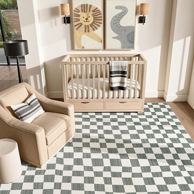 jinchan 6x9 Area Rug Washable Modern Checkered Rug for Kids Room, Grey | Geometric Lattice, Soft, Non-Slip, Floor Carpet, Kitchen, Nursery, Bedroom, Living Room, Dining Room, Nursery, Playroom
