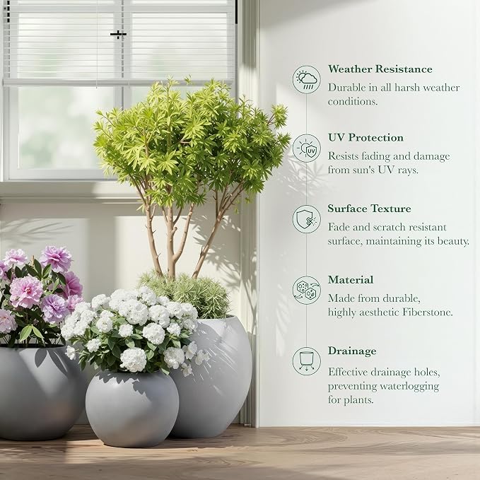 DTY Premium Mt Sherman Fiberstone Sphere Planter for Indoor Outdoor Use, Round Pot for Olive Tree, Lightweight, Smooth Finishes. 2 Extra Coco Mats. Gray, Medium 16.1'' D x 13.6'' H. 11.8” Pot Opening