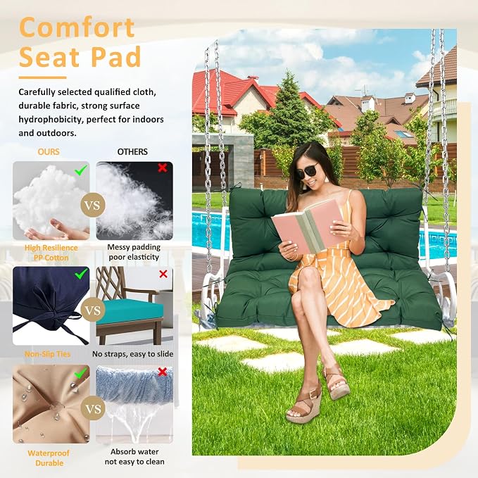 Swing Replacement Cushions for Outdoor: 2-3 Seater Waterproof Porch Bench Cushion with Backrest and Ties - 4" Thick Swing Cushion for Garden Patio Backyard Loveseat