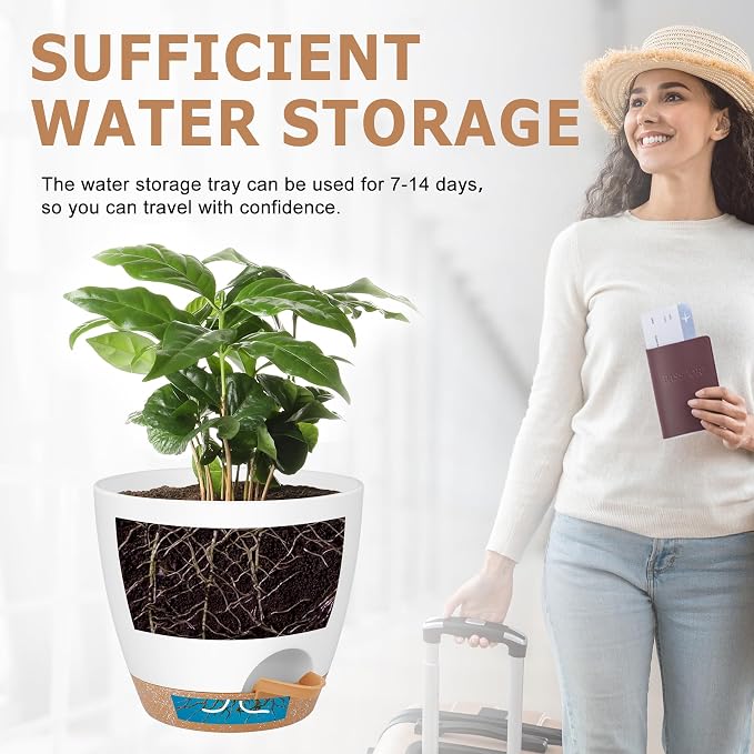 QRRICA Plant Pots 8/7/6.5/6/5.5/5 Inch Self Watering Pots, Set of 6 Plastic Planters with Drainage Holes and Saucers,Plastic Flower Pots,Nursery Planting Pot for Indoor Out Door Plants（White）