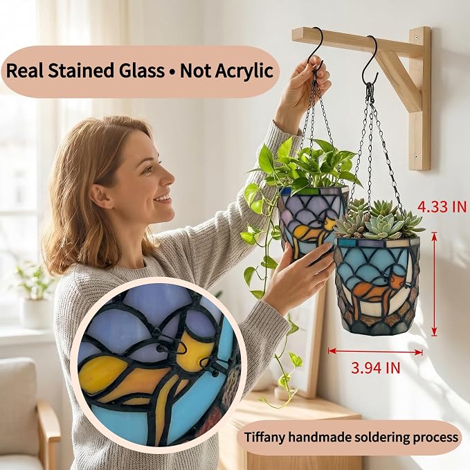 Stained Glass Hanging Cat Planter Pot, Orange Sleeping Cat Small Hanging Plant Pots Indoor, Blue Moon Flower Pot Plant Gifts