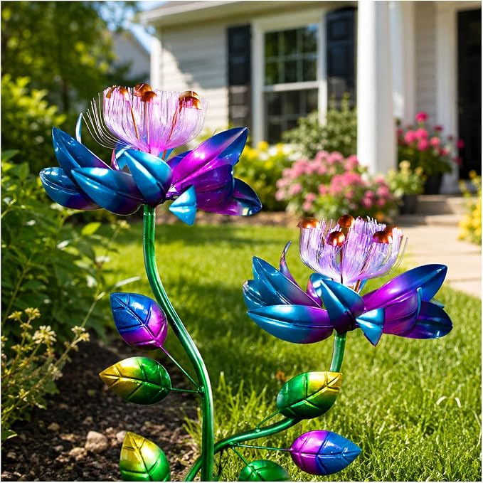 Solar Wind Spinner Outdoor 2-in-1 Garden Decor with LED Lights | Double Lotus Wind Spinner Adds Kinetic Yard Art Charm, Creating A Colorful Rotating Display For Garden Decor, Patio And Lawn