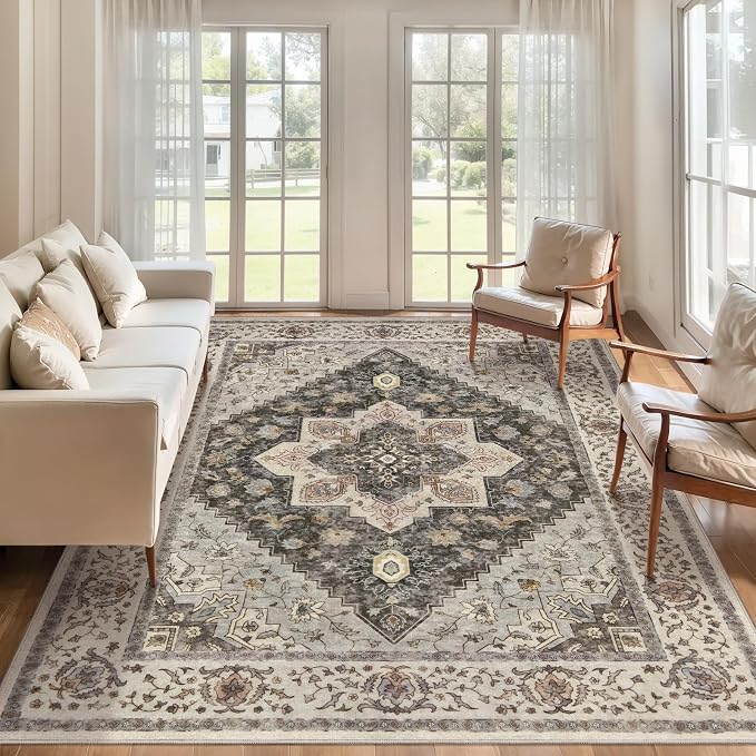 Tangsoo Farmhouse 5x7 Washable Area Rugs for Living Room, Non Slip Rug | Vinatge Indoor Large Print Distressed Carpet, Oriental Soft Low Pile Foldable Floor Rugs for Bedroom Dining Room Office Grey