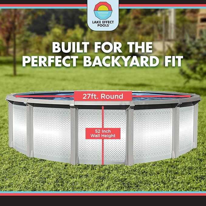 Lake Effect Pools 'Grand Cayman' 27 ft Round Above Ground Swimming Pool | 52 Inch Strong Extruded Resin Components | Bundle Includes: 25 Gauge Overlap Liner & Widemouth Skimmer