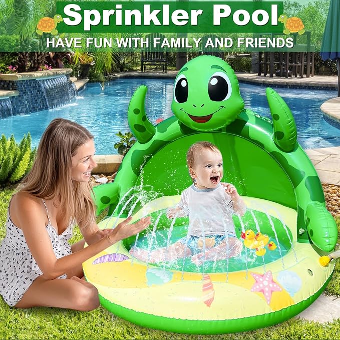 Baby Pool with Canopy,Toddler Sprinkler Water Play Mat for Age 6-36 Months | Turtle Inflatable Kiddie Pool Baby Pool Float Sprinkler for Kids Outdoor Water Toys,Summer Play Center Backyard Water Games