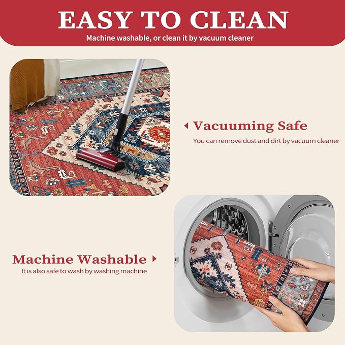 SERISSA 7x10 Washable Non Slip Boho Area Rug for Living Room，Rust | Ultra Soft Vintage Oriental Carpet Low-Pile Distressed Tribal Floor Carpet for Dining Room Bedroom Dorm Office Home Decor