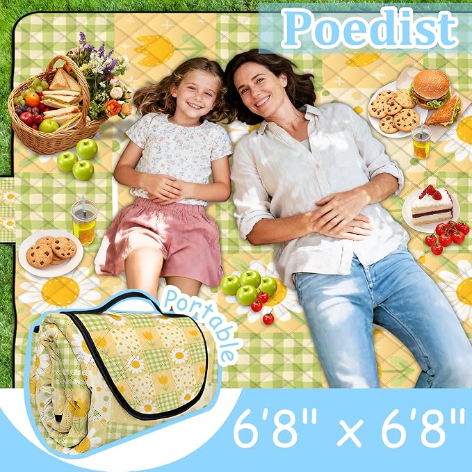 Extra Large Picnic Blanket Waterproof,80"x 80"Foldable Machine Washable Beach Blanket,Outdoor Blanket for 6-8 Adults,Suitable for Indoor Crawling,Park Beach,Camping,Hiking,Family Travel(Sunflower)