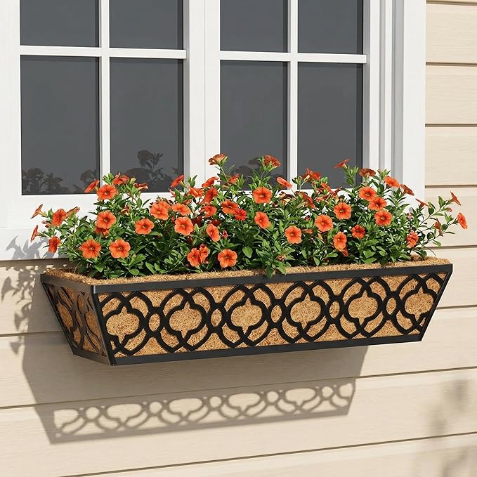 Y&M Railing Planter Boxes 24 Inch 6 Pack, Hanging Balcony Planter, Adjustable Deck Railing Planter Box, Metal Window Boxes Outdoor for Fence, Porch Flower Pots Holder