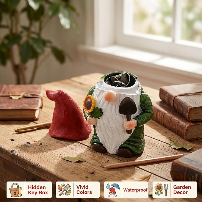Hide A Key Outside Garden Gnome Statue, Outdoor Key Hiders Hidden Spare Key Holder Lock Box with Rotating Clasp, Yard Lawn Patio Garden Decor for Homeowners