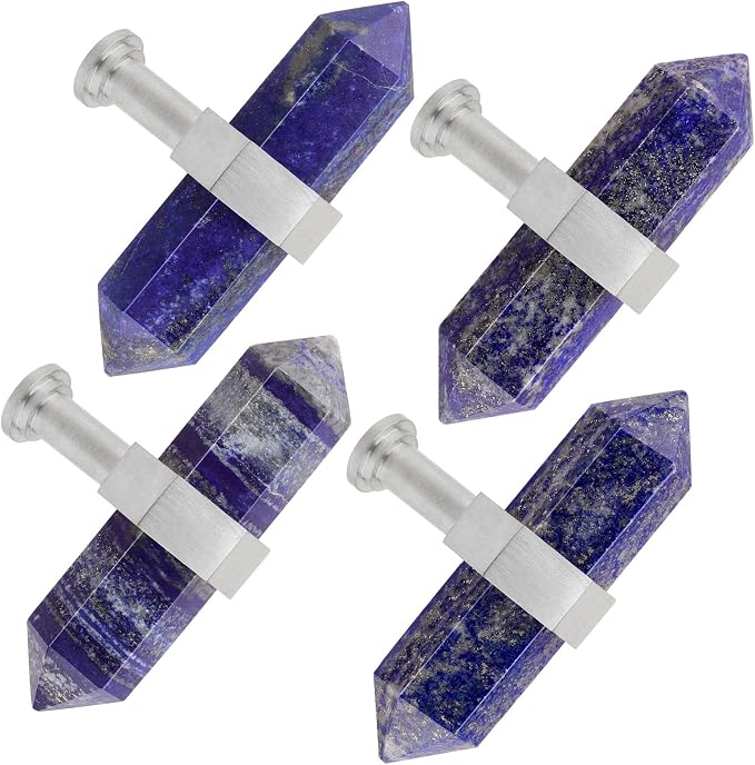 mookaitedecor Set of 2 Lapis Lazuli Double Crystal Points Drawer Knobs with Screws, Decorative Stone Cabinet Handle Pulls for Dresser Cupboard Kitchen Decor, Brushed Stainless Steel