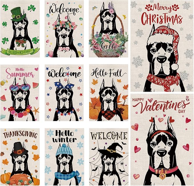 Seasonal Garden Flags Great Dane Double Sided Flags Set of 11 Holiday Farmhouse Indoor Outdoor Yard Lawn Christmas Gifts Decorations 12.5x18 Inch