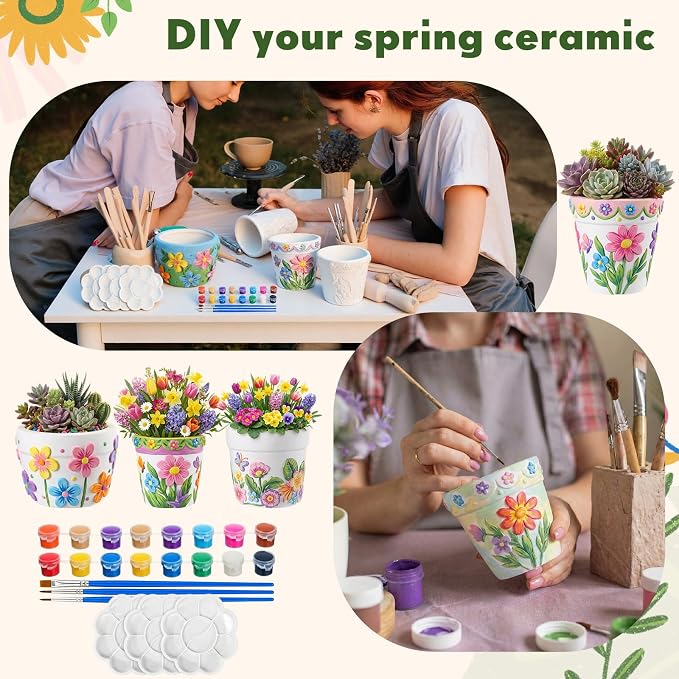Zubebe 12 Pcs Paint Your Own Ceramic Pots Bulk Unfinished Succulent Pots Craft Kit with Drainage Hole Mini Paintable Plant Vase Ready to Paint Planter for Cactus DIY Craft (Spring Flowers)