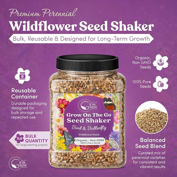 Bulk Wildflower Seed - Bird & Butterfly Garden Seed Mix | Bulk 300,000+ Annual & Perennial Flower Seeds for Planting - Attracts Hummingbirds & Butterfly | No Messy Bags or Packets | Bulk 1 Pound Jar