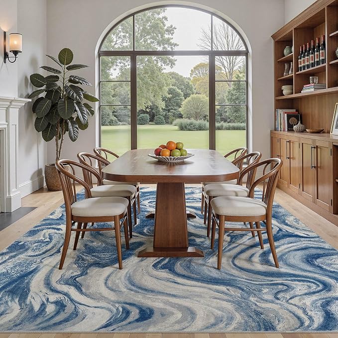 DMOYEST 6x9 Area Rug for Living Room Washable Abstract Indoor Carpet | Neutral Modern Low Pile Rugs Kid & Pet Friendly Soft Thin Carpet for Bedroom Dining Room and Office - Navy Blue