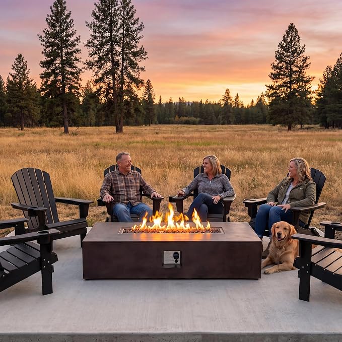 COSIEST Outdoor Propane Fire Pit Table 56-inch x 28-inch Rectangle Bronze Compact Concrete-Like Finish, 50,000 BTU, Free Lava Rocks, Fits 20lb Tank Outside, Raincover