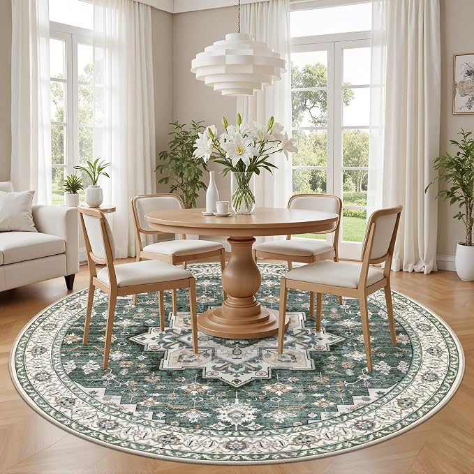 Round Area Rug for Living Room: 6ft Boho Washable Rug Green Ivory | Vintage Boho Soft Round Rug Indoor Floor No Slip Carpet Stain Resistant Rugs for Bedroom Dining Room Nursery Home Office