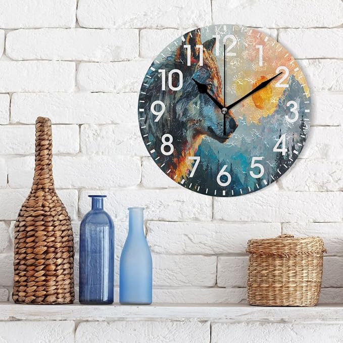 ALAZA Home Decor Watercolor Sunset Wolf Mountain Watercolor Round Acrylic 9.5 Inch Wall Clock Non Ticking Silent Clock Art for Living Room Kitchen Bedroom