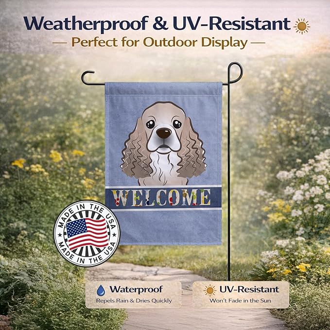Caroline's Treasures BB1402GF Cocker Spaniel Welcome Garden Flag, Blue Mailbox Flag Decorative Yard Flag Banner Outside Patio Artwork Yard Flower Beds, Garden Size, Multicolor