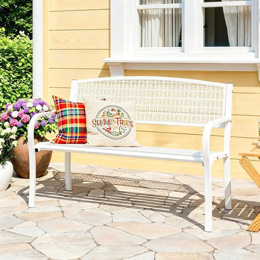 50" Outdoor Metal Garden Bench, Patio Steel Bench with Curved Backrest, Decorative Pattern, Weather-Resistant Porch Bench for Yard, Park, Deck, Backyard