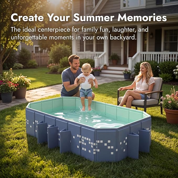 Foldable Pool Non-Inflatable, Large Collapsible Swimming Pool for Kids Adults, Hard PVC Board, 10 Triangle Supports, Family Backyard Outdoor Pool, Blue（86.6" × 53.1" × 19.7"）