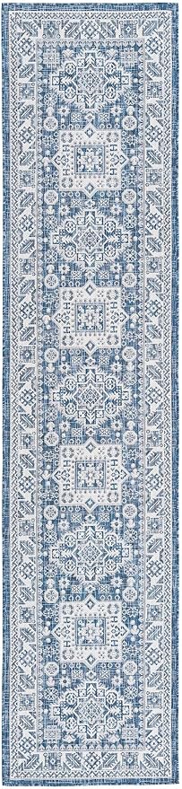 Unique Loom Outdoor Aztec Collection Area Rug - Chalca (2' 7" x 12' Runner, Blue/ Ivory)