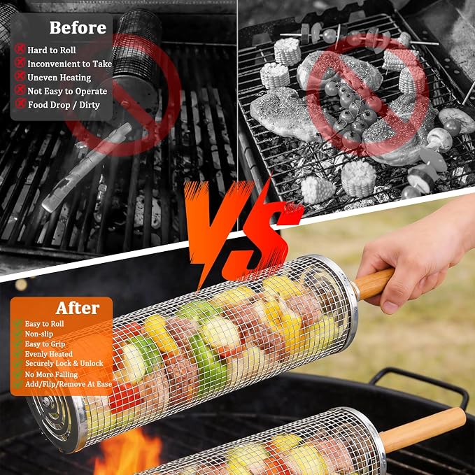 Rolling Grill Basket 2 Pcs, Removable Wooden Handle, 304 Stainless Steel, Smoker Grilling Accessories for Vegetable, Outdoor Cooking Camping, Birthday Gifts for Men Dad Husband (Large)