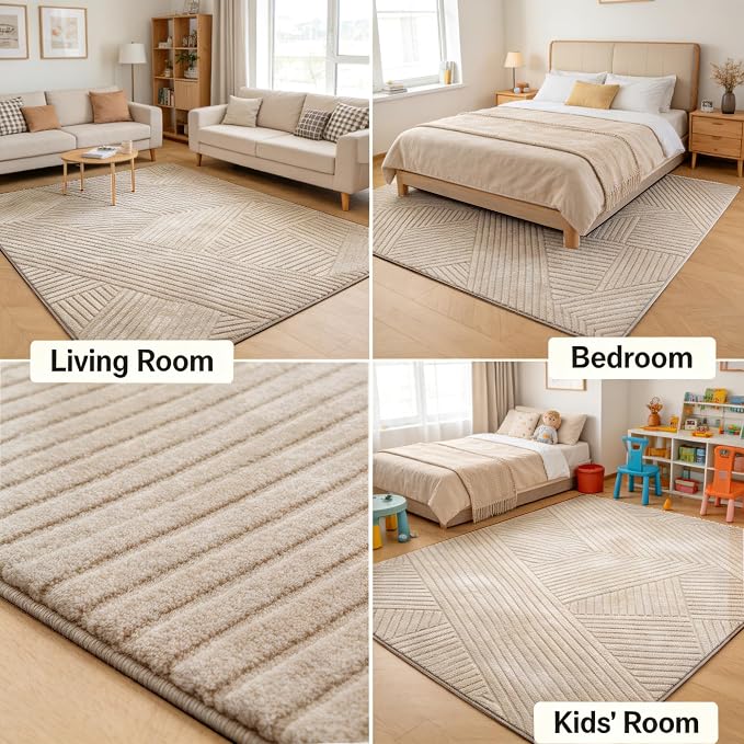 Brown 5x7 Solid Color Area Rugs, Washable Rugs for Living Room | Ultra Soft Thick High-Low Pile Carpet, Fluffy, Non-Slip Modern Geometric Rugs for bedroom, Kids Room, Nursery, Home Office