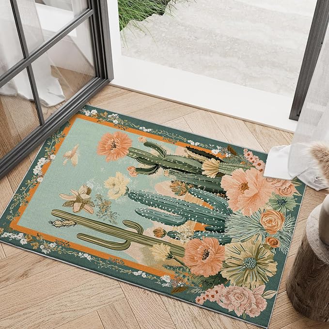 2x3 Cactus Flower Area Rugs Boho Tropical Floral Botanical Green Rug for Bathroom Kitchen Entryway Indoor Soft Non-Slip Thin Carpet Modern Rugs for Dining Room Under Table Washable Machine