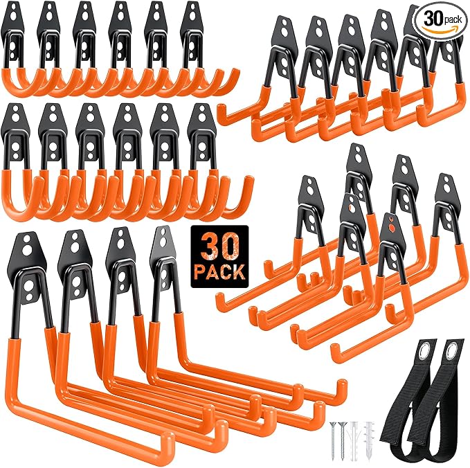 Housolution Steel Garage Hooks - 30Pack Anti-Slip Coating, Heavy Duty Wall Mount Hooks for Bikes, Garden Tools, Ladders, Hose, Bulk Items Ropes, Garage Tool Organizer with Extension Cord Wrap, Orange