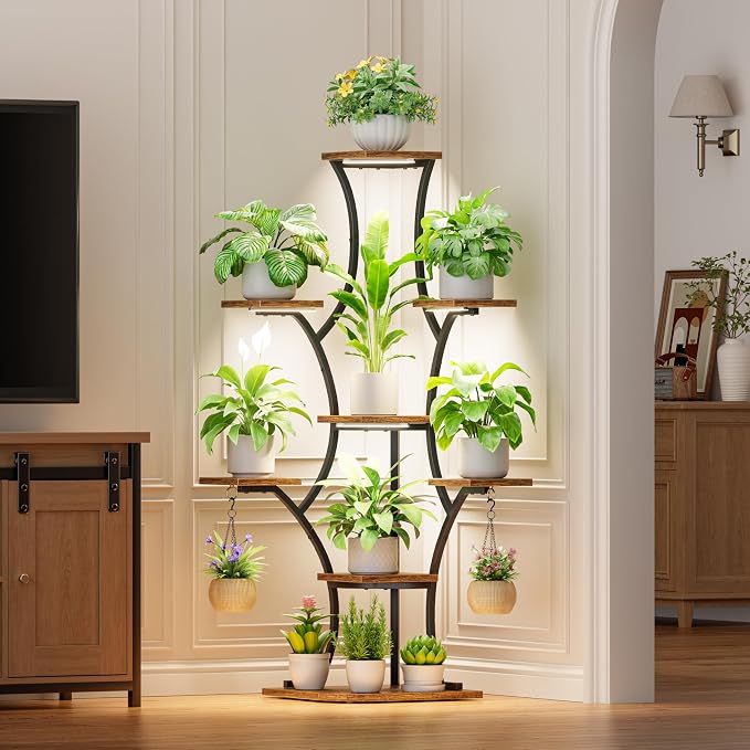 Corner Indoor Plant Stand With Grow Lights, 8 Tier, 52.6" Tall | Plant Shelf, Flower Holder, Display Rack,Heavy Duty Anti-rust Iron Pipes, Water-resistant & Anti-corrosive Wood, Auto Timer