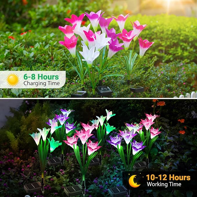 WdtPro Solar Lights Outdoor Garden Decorative 6 Pack, Waterproof Solar Garden Lights with 24 Lily Flowers, Color Changing LED Solar Powered Landscape Lights for Outside Yard Patio Decor,Gifts