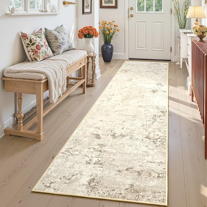 Toneed Washable 2x8 Non-Slip Abstract Runner Rug for Hallway Kitchen | Soft Modern Low Pile Area Rugs for Bedroom Laundry Living room,Indoor Carpet for Bedside Home Decor, Beige