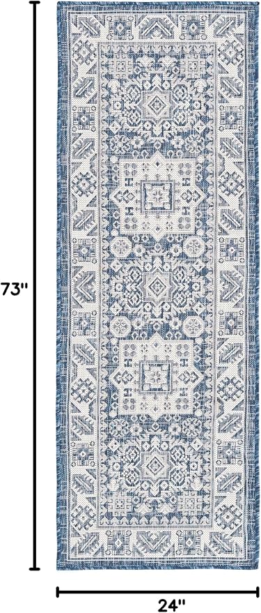 Unique Loom Outdoor Aztec Collection Area Rug - Chalca (2' x 6' 1" Runner, Blue/ Ivory)