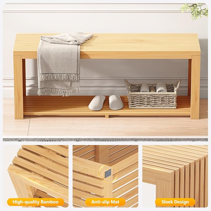 Bamboo Bench with Shelf, 35'' Entryway Bench Seat, Natural | Shoe Bench for Entryway, Hallway, Doorway, Modern Benches for End of Bed Bench, Low Bench for Window